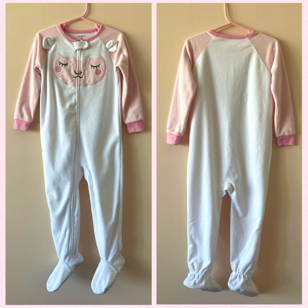 Carter’s Toddler Girls Pink and White Sleepy Lamb Footed Pajamas, Size 3T
